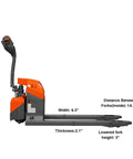 Heavy Duty Tory 3300 Lb Full Electric Pallet Jack With Long Battery Life side view showing fork dimensions and textured handle