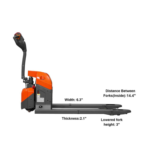 Heavy Duty Tory 3300 Lb Full Electric Pallet Jack With Long Battery Life side view showing fork dimensions and textured handle