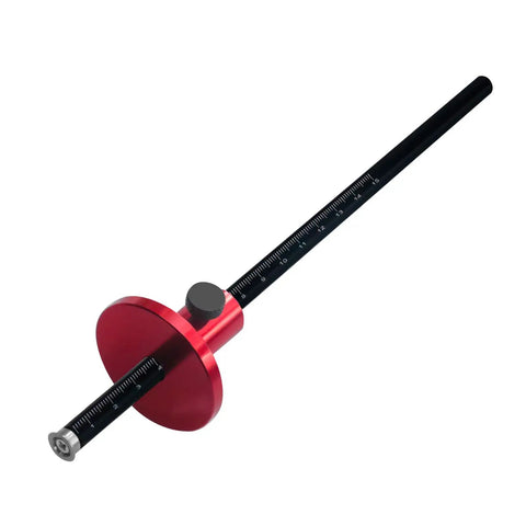 Hella Precise Wheel Marking Gauge With Easy Adjustment Knob crafted for woodworking, red aluminum wheel scribe with measuring scale.