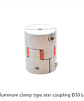 Flexible Shaft Coupler Jaw Type Torsion D30 L40 Size 7mm To 14mm CNC Motor Drive Spider Connector in silver aluminum finish.