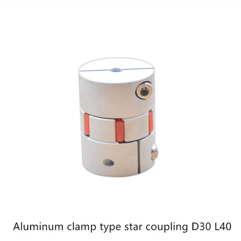 Flexible Shaft Coupler Jaw Type Torsion D30 L40 Size 7mm To 14mm CNC Motor Drive Spider Connector in silver aluminum finish.