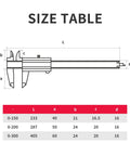 Size table for Stainless Steel Vernier Caliper 0 to 8 Inch Thickened Mono Block Inch Metric Sliding Caliper with Depth Gauge