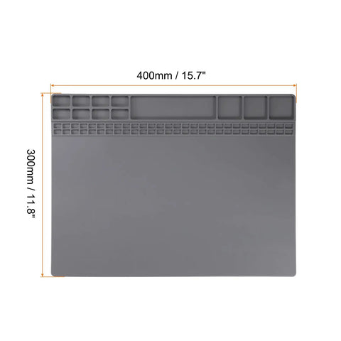Anti Static Foldable Non Slip Premium Flexible Silicone Soldering Mat 15 Point 8 By 11 Point 8 Inches gray surface with compartments for PCB repair