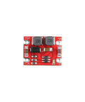 Top-down view of a Ten Pack DC To DC Buck Boost Power Supply Module With Input From Two Point Five To Fifteen Volts And Output Of Three Point Three Volts Up To Six Hundred Milliamps Automatic Step Up Down Board For Electronics Projects showing electronic components on a red PCB.