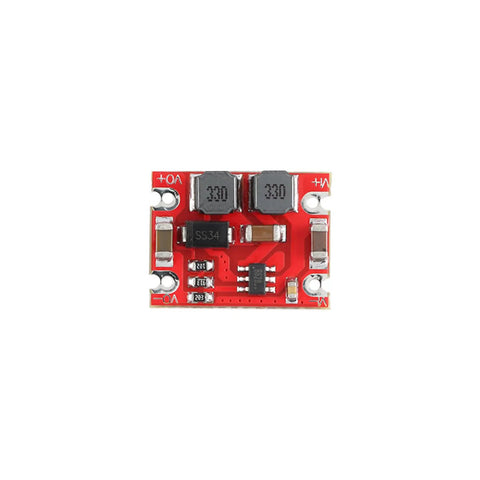 Top-down view of a Ten Pack DC To DC Buck Boost Power Supply Module With Input From Two Point Five To Fifteen Volts And Output Of Three Point Three Volts Up To Six Hundred Milliamps Automatic Step Up Down Board For Electronics Projects showing electronic components on a red PCB.