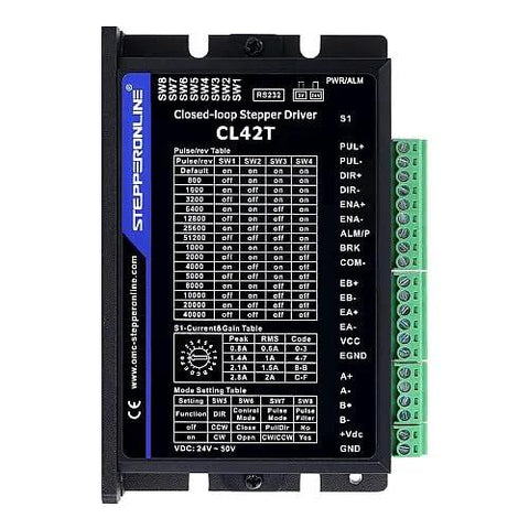 Front view of StepperOnline CL42T closed-loop stepper driver module with blue label and green terminal block.
