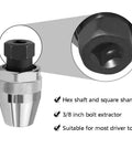 Hex shaft heavy duty stud remover and extractor tool for one quarter to one half inch bolts, chrome-vanadium steel.