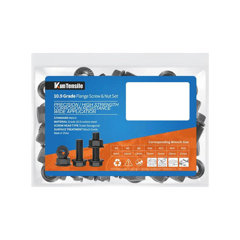 M12x50mm Flange Hex Bolts And Serrated Flange Nuts 4 Pack Grade 10.9 Metric Hardware black fasteners in a sealed pack.
