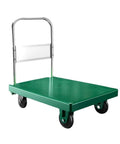 Heavy Duty Folding Platform Cart With Push Handle Built Like A Workhorse For Hauling And Loading Anti Slip Deck Quiet Wheels Easy Fold Ideal For Warehouse Garage And Workshop Transport, green steel deck