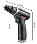 Rugged Cordless Impact Drill And Electric Hand Screwdriver With Rechargeable Lithium Battery, side view, showing size and design.