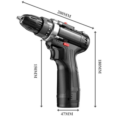 Rugged Cordless Impact Drill And Electric Hand Screwdriver With Rechargeable Lithium Battery, side view, showing size and design.