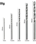 Set of five twist drill bits ranging from 1mm to 3mm for the Top Pick 100 Piece Twist Drill Bit Set For Woodworking And DIY Projects With Titanium Plating High Speed Steel Round Shank Hand Electric Drill Tool Kit That Lasts A Long Time.