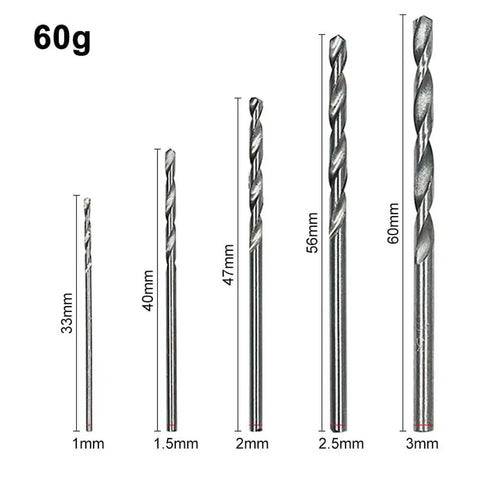 Set of five twist drill bits ranging from 1mm to 3mm for the Top Pick 100 Piece Twist Drill Bit Set For Woodworking And DIY Projects With Titanium Plating High Speed Steel Round Shank Hand Electric Drill Tool Kit That Lasts A Long Time.