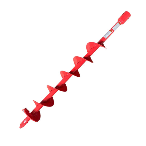 4 Inch Diameter 36 Inch Long Earth Auger Bit With Hardened Steel And Replaceable Cutting Blade shown in red color