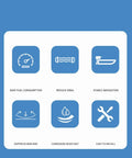 Icons showing features of Hydrofoil Stabilizer For Outboard Motors, Drag Reducing Fins: fuel saving, drag reduction, easy install.