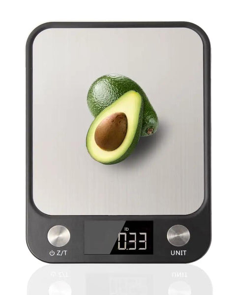 Stainless Steel Digital Kitchen Scale With Five Unit Modes Tare Function Measures Grams Ounces Milliliters And Pounds Up To Five Kilograms showing 0.33 lb avocado