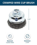 Top Shelf Carbon Steel Mounted Crimped Wire Cup Brush 2-3/4 Inch showing carbon steel material and diameter for angle grinders.