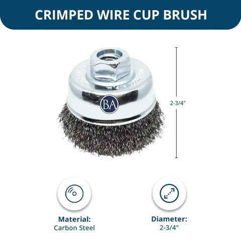 Top Shelf Carbon Steel Mounted Crimped Wire Cup Brush 2-3/4 Inch showing carbon steel material and diameter for angle grinders.