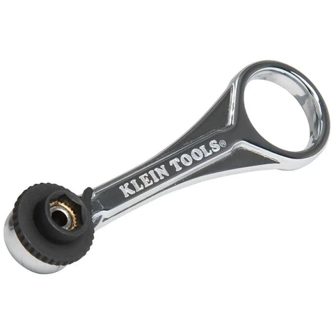 Side view of a Compact Five Piece Mini Ratchet Set For Tight Spots With Phillips And Slotted Bits One Quarter And Five Sixteenths Inch Nut Drivers Quarter Inch Adapter Four Drive Bits Dual Drive Head And Socket Adapter showcasing its slim metal design.