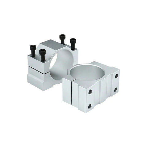 Premium CNC Aluminum Spindle Motor Fixture Clamp Bracket for Openbuild Engraver Router 52 To 125 MM Sizes displayed from side angles.