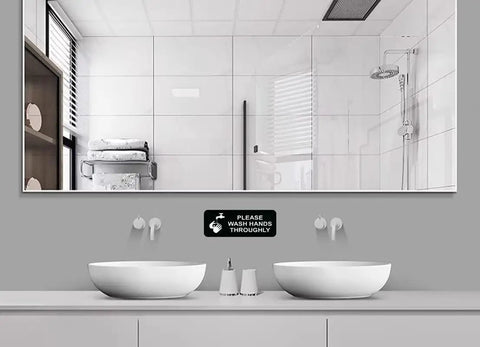 Rock Solid Restricted Area Sign For Business Safety Lockdown 3 x 8 Inch in a modern bathroom above sinks.