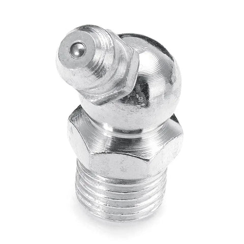 Close-up of a galvanized metal nipple from the 130Pcs Hydraulic Grease Nipple Fitting Kit with 45-degree angle.