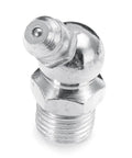 Close-up of a galvanized metal hydraulic fitting from the 130 Piece Grease Nipple Assortment Kit with Metric and Imperial Sizes.