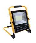 Legit Heavy 100W Portable LED Flood Light With Solar Panel And Rechargeable Battery IP65 Waterproof outdoor spotlight in yellow housing.