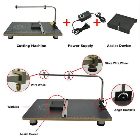 Tabletop Hot Wire Foam Cutter For Styrofoam And Sponge, Adjustable Angle And Temperature, showing machine parts and setup details.