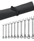 Reversible Ratcheting Metric Wrench Set In Tool Roll, 10 Piece, 12 Point, displayed with black tool roll