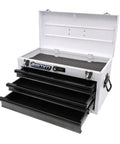 Heavy Duty 3 Drawer Steel Tool Box With Locking System, Portable Hand Carry Toolbox for mechanics, white finish, open drawers
