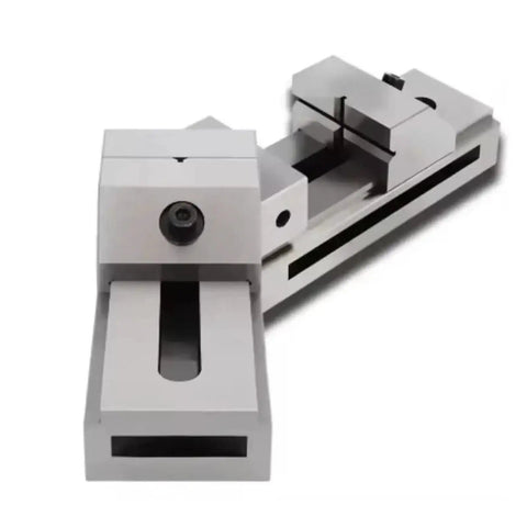 Quick Adjust CNC Work Holding Vise For Precision Machining, High Quality Metalworking Vise With Rapid Jaw Width Change, Fits 38 And 50 Series, In Stock For Workshops And Hardware Stores. Silver metal CNC vise shown open for precision machining.