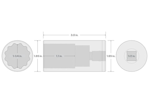 Diagram showing dimensions of the Half Inch Drive Deep 1-1/4 Inch 12-Point Socket with Chrome Plated Exterior for heavy duty jobs.