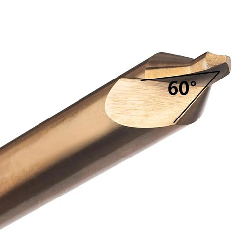 Close-up of M35 cobalt drill bit showing 60-degree angle from Seven Piece Cobalt Center Drill Bits Set With M35 Pro Grade High Speed Steel 60 Degree