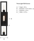 Urban Oasis Matte Black 3 Light Bathroom Vanity Fixture With Industrial Vibe, damp location rated, size dimensions shown