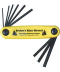 Nine Hex Keys Allen Wrench Set With Secure Bolt And Nut Assembly for archery gear, yellow casing displayed.