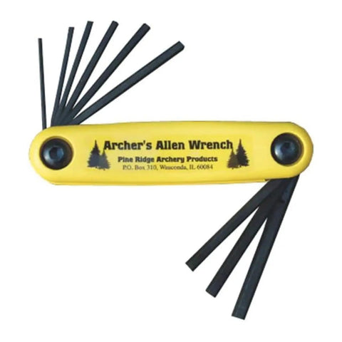 Nine Hex Keys Allen Wrench Set With Secure Bolt And Nut Assembly for archery gear, yellow casing displayed.
