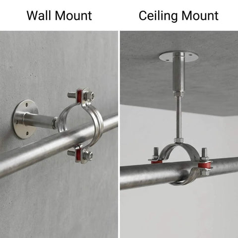 QWORK stainless 2" OD pipe wall and ceiling mount clamp with bolts and red spacers.