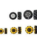 4-Pack mecanum wheel set for robotics showing different sizes and colors for DIY robots