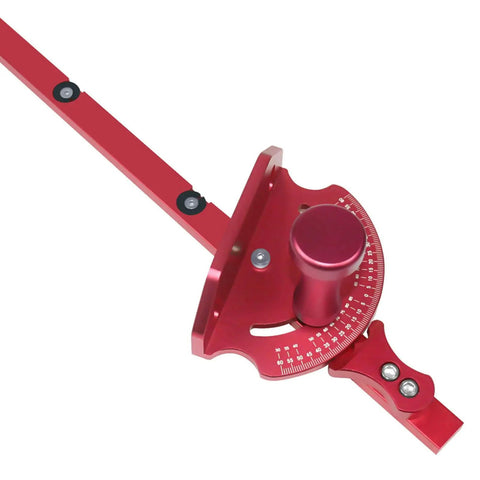 Rigid Aluminum Miter Gauge For Table Saws With Telescoping Fence Tweak Free Adjustment and ergonomic grip, red alignment tool.