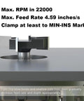 Pro Grade Spoilboard Surfacing Router Bit With One Half Inch Shank And Two Inch Cutting Diameter Four Wing Slab Flattening Planer Bit for flat bottom cleaning installed on router sled, showing operational specifications.