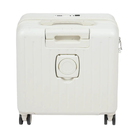 Rear view of 18 Inch Underseat Carry On Luggage With Wheels Lightweight Hard Shell Suitcase For Weekender Trips 180 Degree Top Opening Separate Laptop Compartment Four Smooth Spinner Wheels White