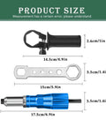 Heavy Duty Rivet Gun Adapter Kit For Cordless Drill With Removable Handle And 100 Piece 4.0 mm Pop Rivet Set dimensions showing sizes of components.