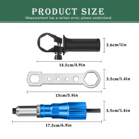 Heavy Duty Rivet Gun Adapter Kit For Cordless Drill With Removable Handle And 100 Piece 4.0 mm Pop Rivet Set dimensions showing sizes of components.