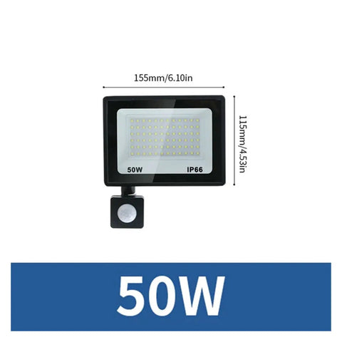 JUDYSSY Led Flood Light Pir Motion Sensor 50W with IP66 waterproof rating, ideal for outdoor use in gardens and warehouses.