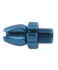 Close-up of blue aluminum alloy brake lever adjustment screw, part of Two Pack Aluminum Alloy Brake Levers With Adjustment Screws For Bicycle Components.