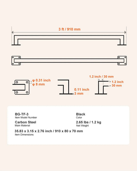 Badass Industrial Wall Mount Stair Handrail, Three Foot Black Iron Staircase Grip Square Tube, detailed dimensions and specifications.