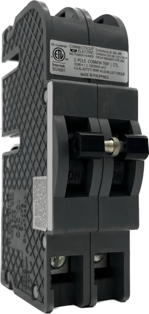 Top Shelf 50 Amp 2 Pole Circuit Breaker For Zinsco Panels, heavy-duty, gray plastic, features on/off toggle switches.