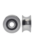 Built Tough V Groove Wheel And Sliding Gate Caster with double row ball bearing, steel body, side view and front view.