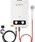 Front view of On-Demand Outdoor Propane Tankless Water Heater 6L Camping-Ready Portable Handle with hoses.